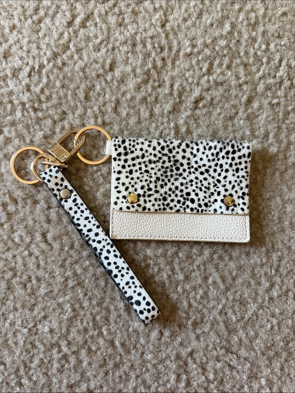 Spotted White & Black Card Holder Keychain with Gold Hardware